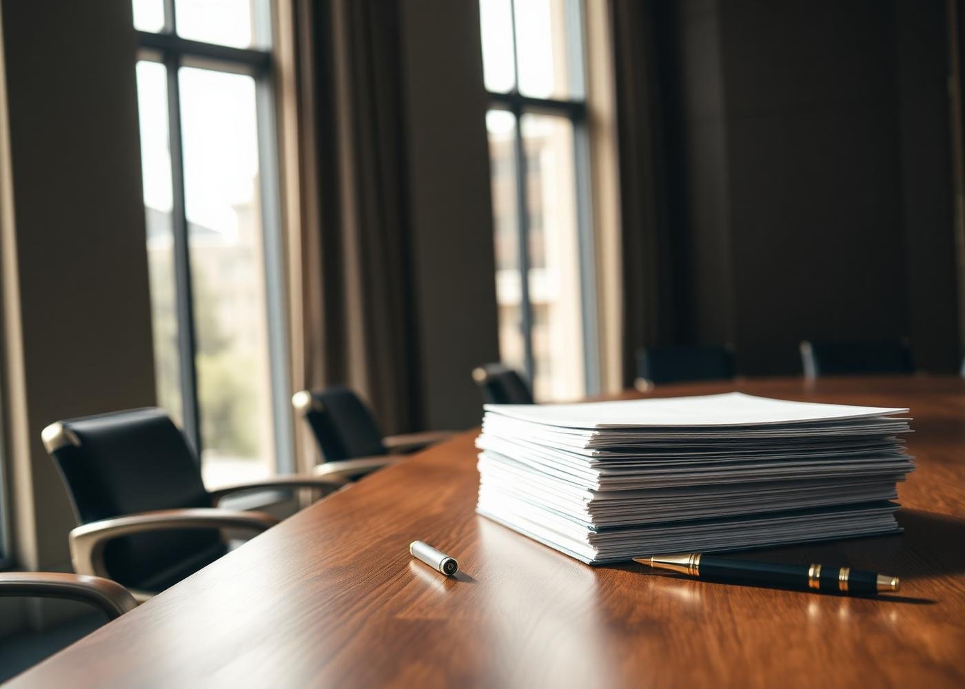 Conference room with organized legal files
