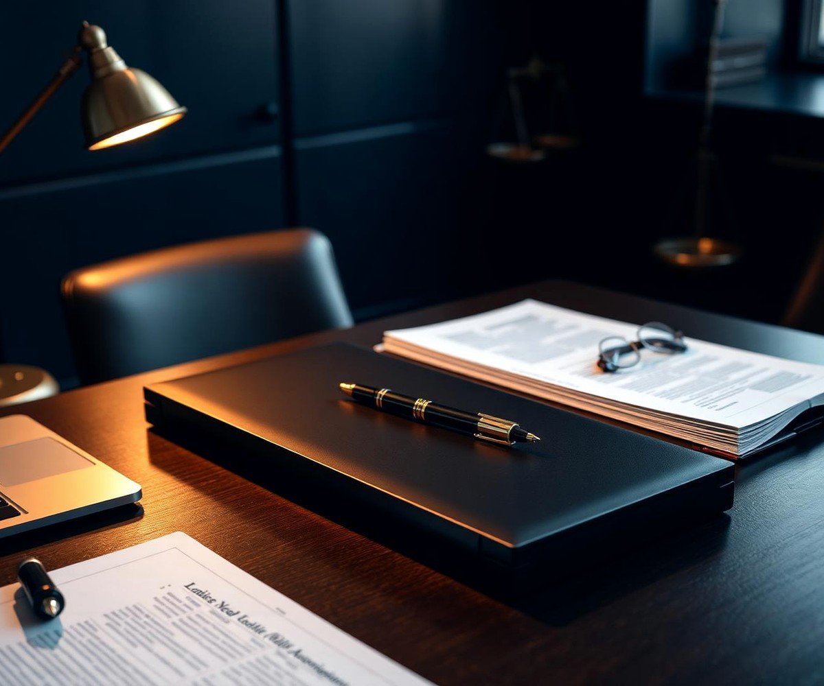 Close view of a professional legal document review workspace